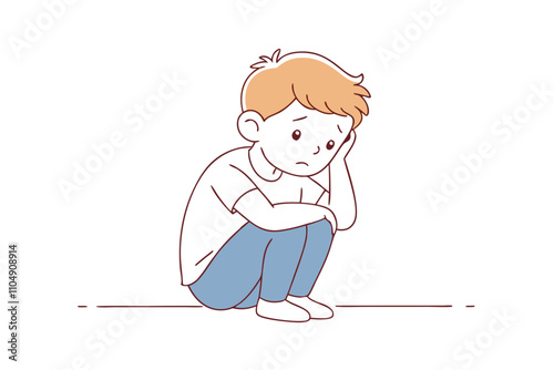 Sad Toddler Boy Line Drawing - Frustrated Child Sitting on Floor Hiding Face - Vector Illustration