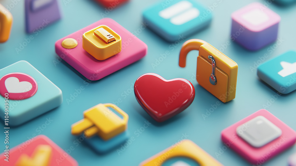 Set of social media isometric icons, smm 3d symbols map pin, like heart, padlock and stars. Cloud storage, document and cogwheel, speech bubble, media file, photo camera, key or wifi, Vector signs Set of social media isometric icons, smm 3d symbols map pin, like heart, padlock and stars. Cloud storage, document and cogwheel, speech bubble, media file, photo camera, key or wifi, Vector signs