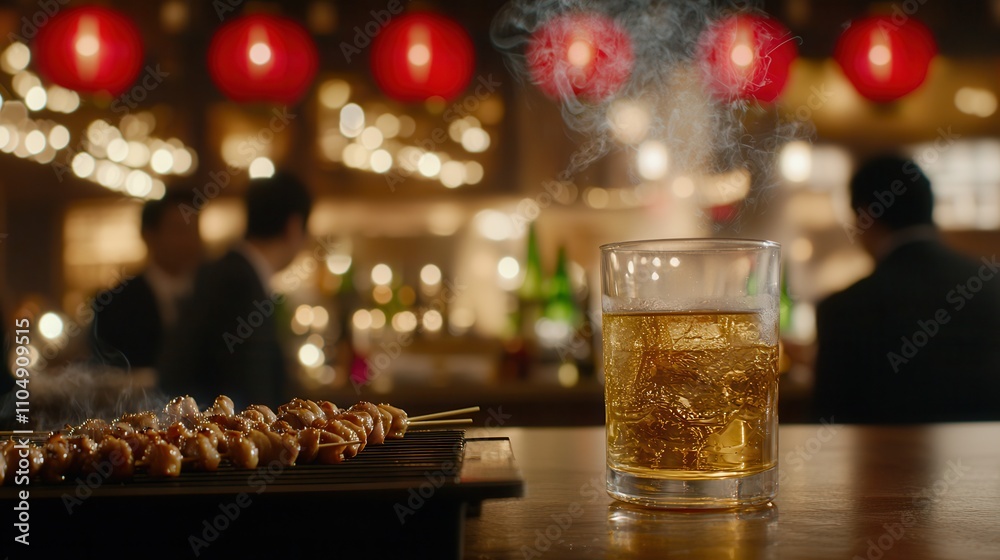 Grilled skewers and whiskey drink cozy bar food warm atmosphere close-up shot culinary delight Grilled skewers and whiskey drink cozy bar food warm atmosphere close-up shot culinary delight