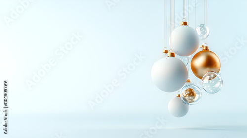 3d render. Winter holiday wallpaper. Festive white and gold Christmas ornaments and baubles. Empty glass snow ball isolated 