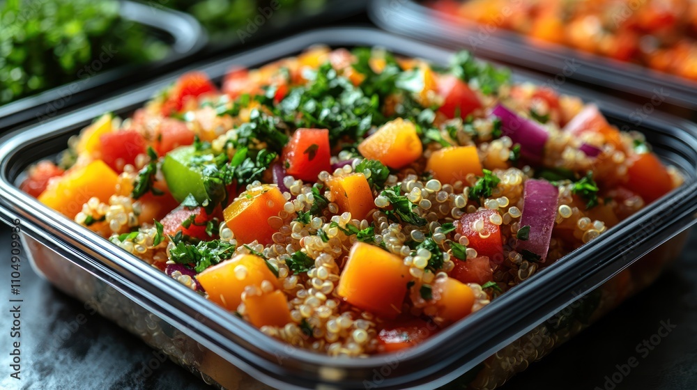 A close-up of a container filled with quinoa salad with red peppers, yellow peppers, red onions, and parsley. A close-up of a container filled with quinoa salad with red peppers, yellow peppers, red onions, and parsley.