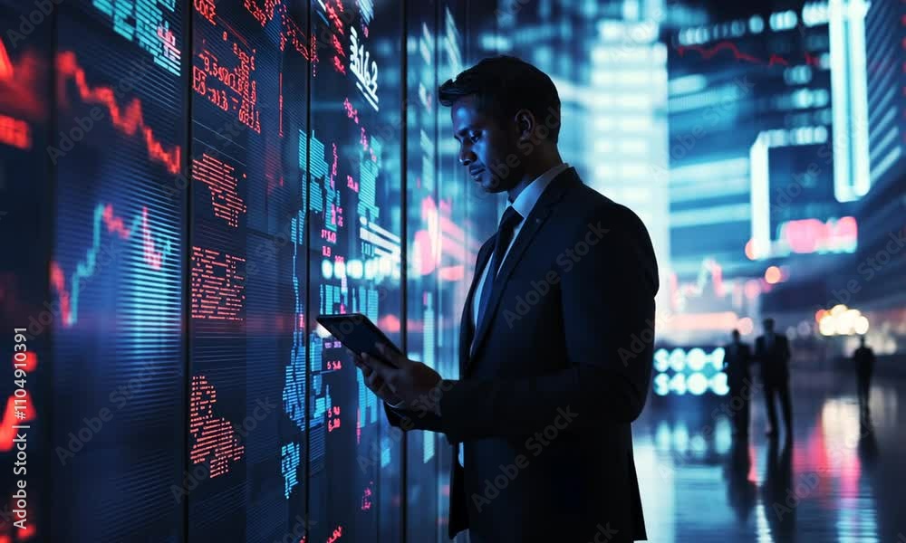 Businessman reviewing financial data on a tablet against a vibrant stock ticker backdrop.