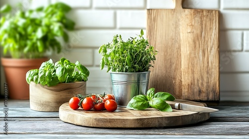 A rustic kitchen desk with fresh ingredients, a chopping board, and a pot of herbs placed next to a cutting knife 