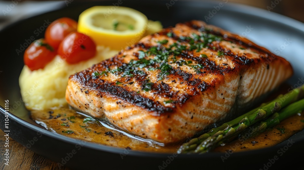Grilled salmon with mashed potatoes, asparagus, cherry tomatoes and lemon wedge on a black plate.