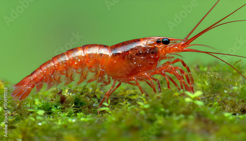 Vibrant orange freshwater shrimp crawling on lush green moss.  Close-up macro photography showcasing intricate details. photo