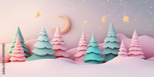 Colorful christmas trees in the snow.