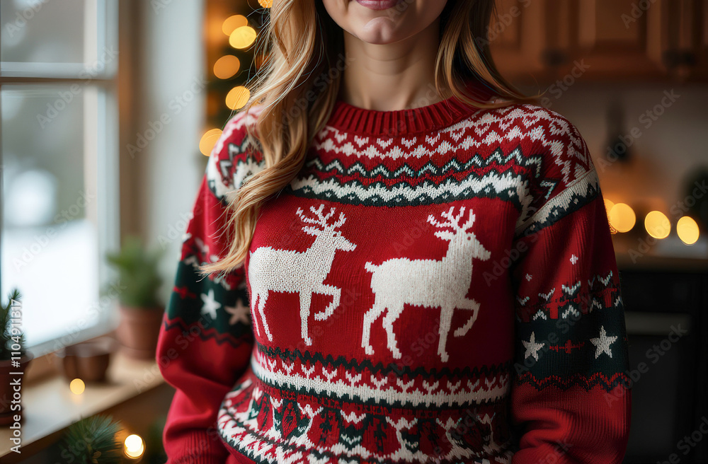 Festive red sweater with reindeer pattern worn by young caucasian female in cozy setting Festive red sweater with reindeer pattern worn by young caucasian female in cozy setting
