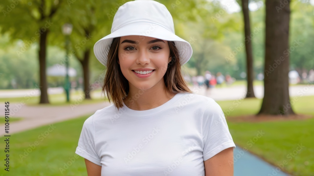 Young woman with short hair wearing white t-shirt and white bucket hat standing in the park Young woman with short hair wearing white t-shirt and white bucket hat standing in the park