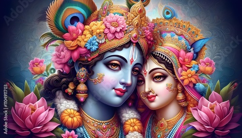 Radha-Krishna Harmony Vibrant Divine Portrait with a Flourish of Floral Art