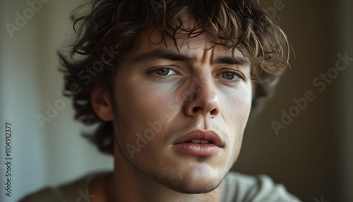 Reflective youth portrait indoor setting close-up photography natural lighting thoughtful expression emotional depth