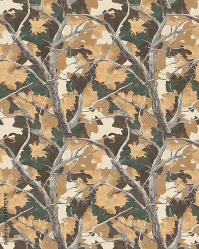Autumn Forest-Inspired Camo Pattern with Trees in Vector Style. Seamless Repeatable Background
