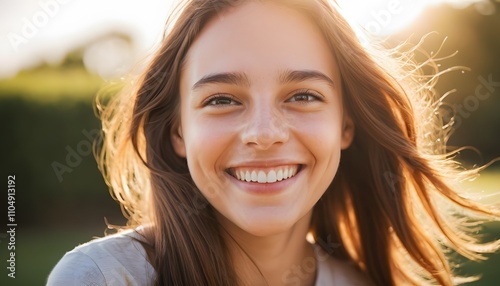 Joyful young woman smiling outdoors natural setting portrait photography bright light positive vibes happiness concept