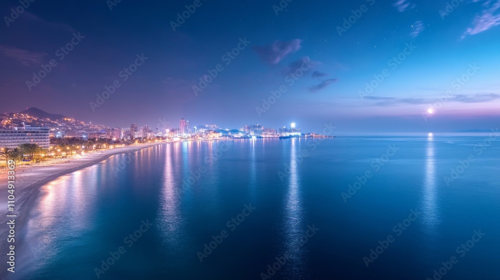 Fototapeta premium Serene Nighttime Coastal Cityscape with Glowing Water Reflections