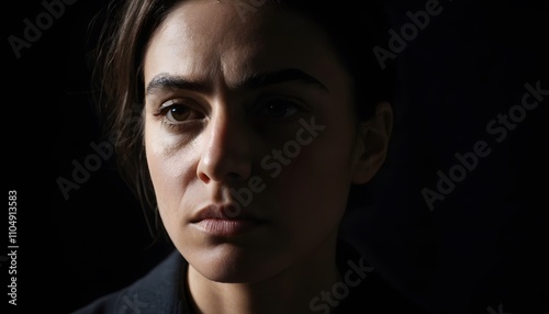 Emotional portrait of woman in dimly lit setting capturing inner conflict intimate mood close-up view psychological concept