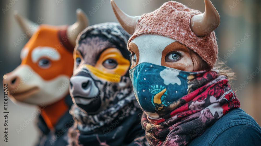 Medic masks with animal muzzles, cute cartoon cow, bull and eagle or fox and snake funny faces. Protective facial equipment against coronavirus infection or allergy, creative design, Vector templates Medic masks with animal muzzles, cute cartoon cow, bull and eagle or fox and snake funny faces. Protective facial equipment against coronavirus infection or allergy, creative design, Vector templates