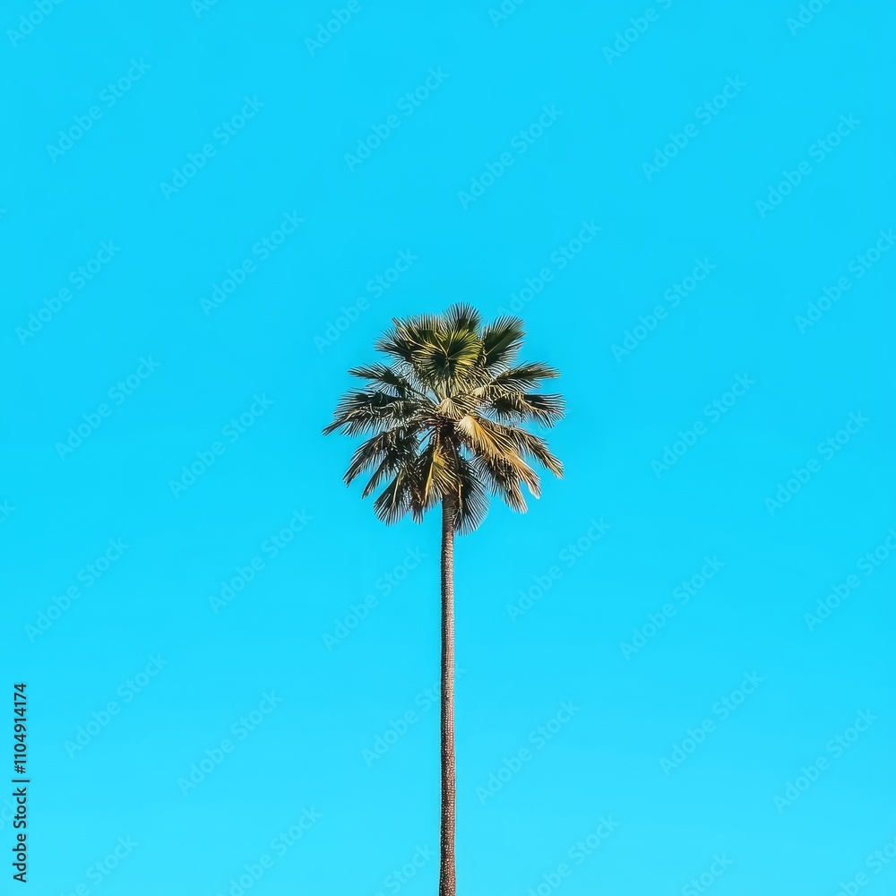 Fototapeta premium Single palm tree against a vibrant blue sky.