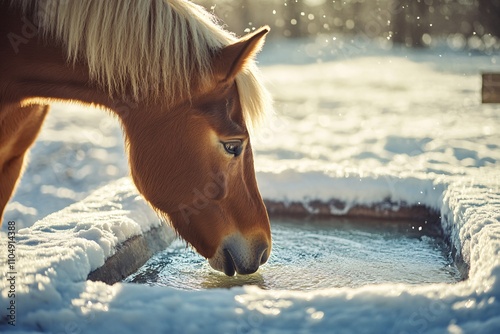 A serene scene of a horse drinking water from a trough surrounded by snow, capturing the beauty of winter and rural life.