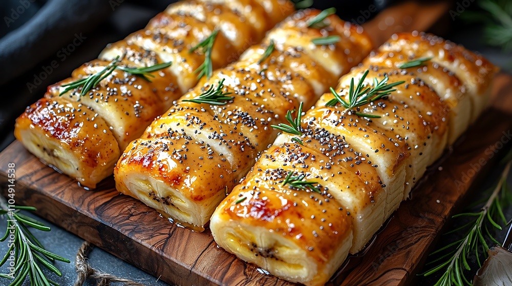 Baked bananas in puff pastry, glazed with caramel and poppy seeds, garnished with rosemary sprigs.