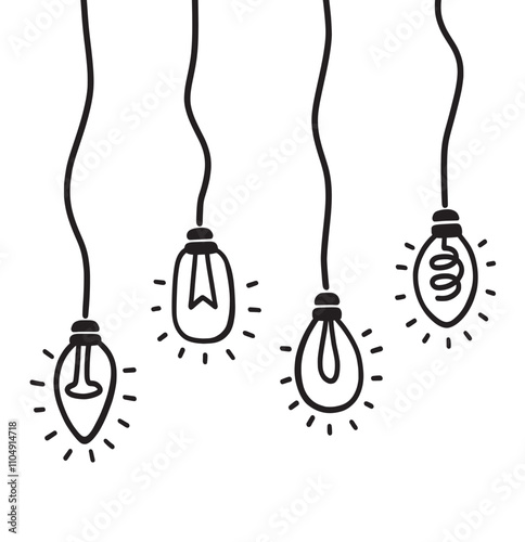 Hand drawn light bulbs hanging from the ceiling.
Black and white vector illustration.
