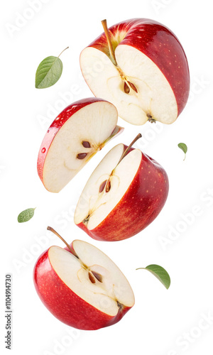 Close-up natural fresh red apple slices falling in the air isolated on white background