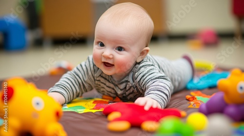 A joyful baby crawls on a colorful playmat surrounded by vibrant toys, showcasing a playful and engaging environment for early development.
