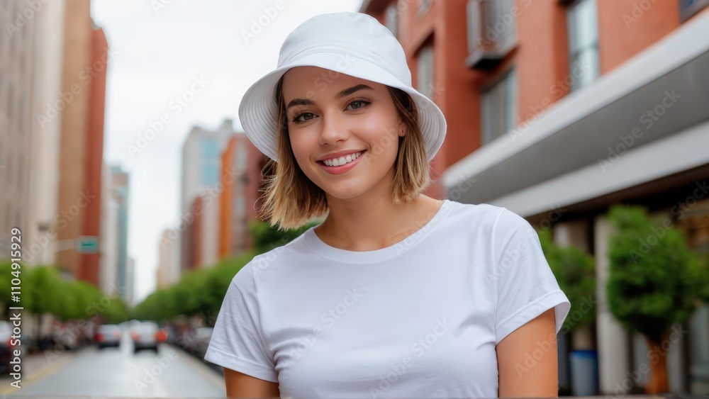 Young woman with short hair wearing white t-shirt and white bucket hat standing on the street Young woman with short hair wearing white t-shirt and white bucket hat standing on the street