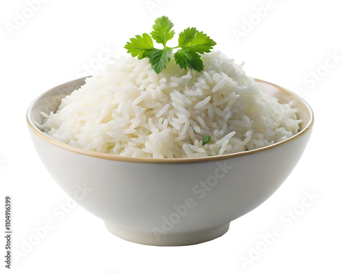 Fresh cooked white basmati rice in a white bowl isolated on white background as transparent. PNG. AI GENERATED