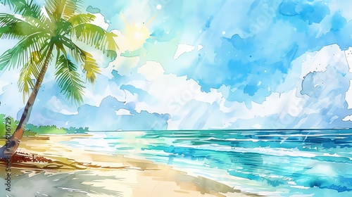 Wallpaper Mural A watercolor painting of a tropical beach with palm trees and a blue sky. Torontodigital.ca