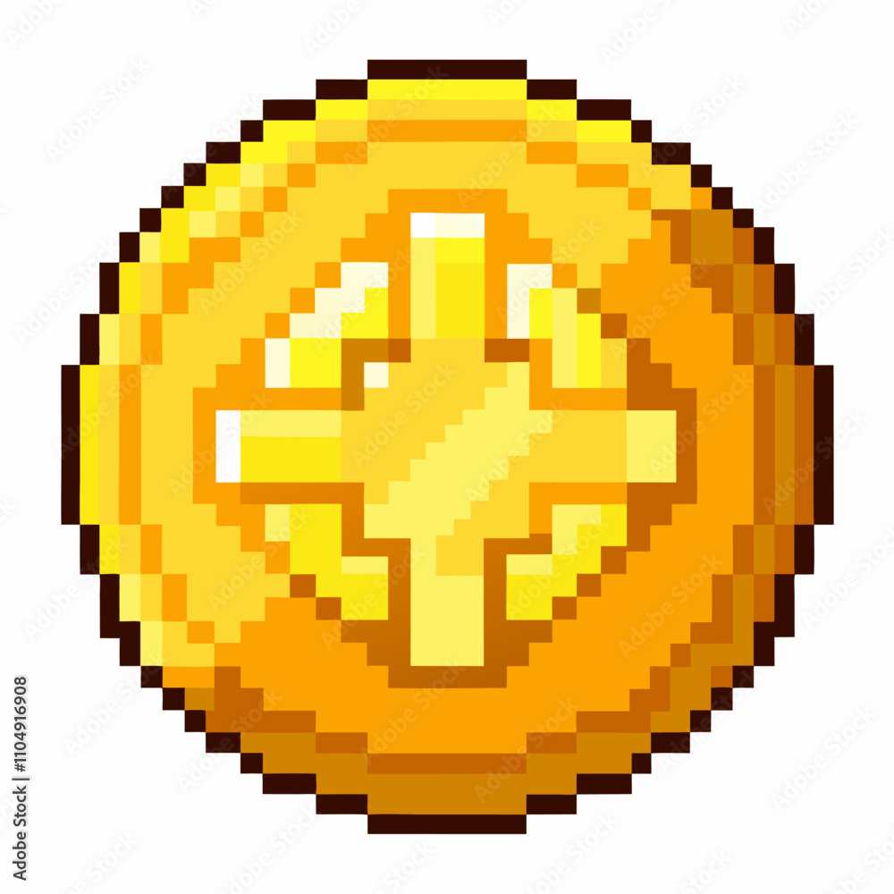 Fototapeta premium Pixel Art Gold Coin Isolated on White Background for Retro Game Design