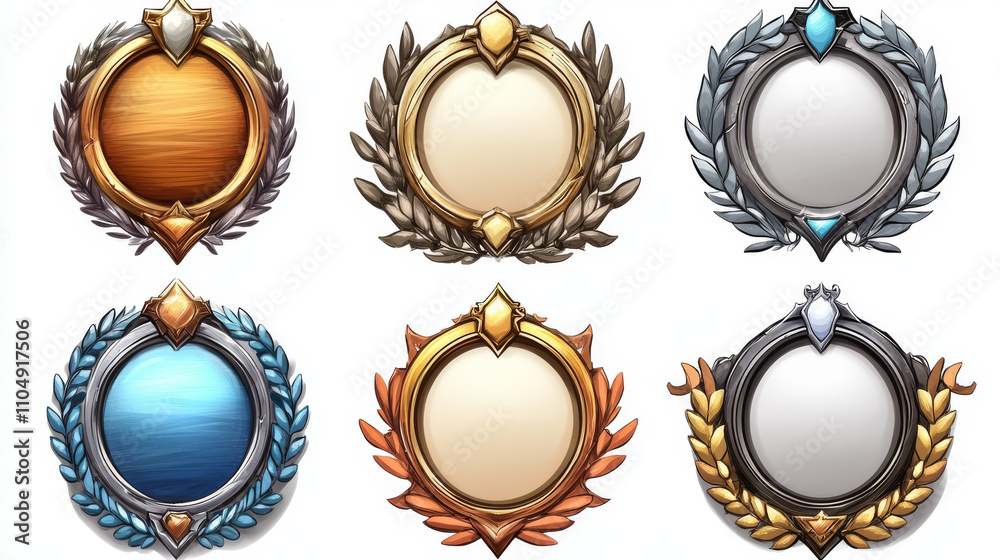 Fantasy medieval frames of game avatars or ranking badges. Empty button frames with wooden, silver, bronze and golden borders with laurel and pennant, vector cartoon set isolated on background Fantasy medieval frames of game avatars or ranking badges. Empty button frames with wooden, silver, bronze and golden borders with laurel and pennant, vector cartoon set isolated on background