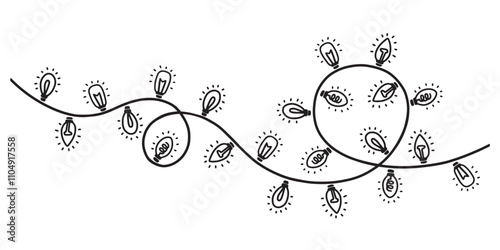 Garland with bulbs. Black and white eletric Christmas lights. Hand drawn vector illustration.
