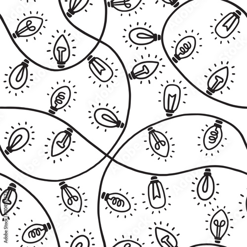 Seamless pattern with black and white Christmas lights bulbs. Hand drawn vector illustration.