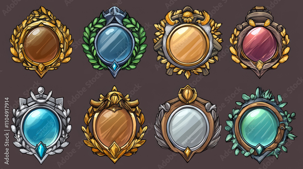 Fantasy medieval frames of game avatars or ranking badges. Empty button frames with wooden, silver, bronze and golden borders with laurel and pennant, vector cartoon set isolated on background Fantasy medieval frames of game avatars or ranking badges. Empty button frames with wooden, silver, bronze and golden borders with laurel and pennant, vector cartoon set isolated on background