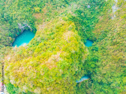 Aerial photography of Sanmenhai Scenic Area in Fengshan, Hechi, Guangxi photo