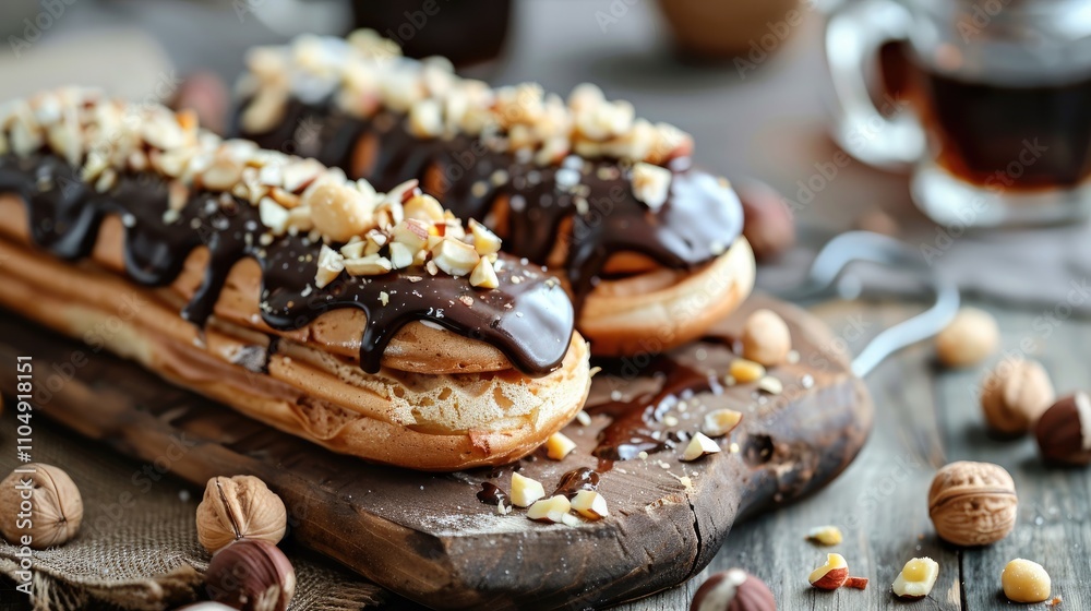 Chocolate eclairs topped with hazelnuts, drizzled with rich dark chocolate. Perfect for dessert menus, food blogs, or baking websites. Chocolate eclairs topped with hazelnuts, drizzled with rich dark chocolate. Perfect for dessert menus, food blogs, or baking websites.