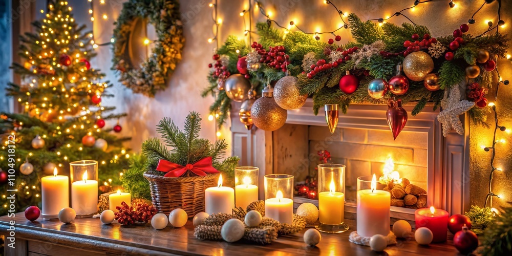 Cozy Holiday Mantle Decor AI Photo, Festive Candle Ornaments Lights Cozy Holiday Mantle Decor AI Photo, Festive Candle Ornaments Lights