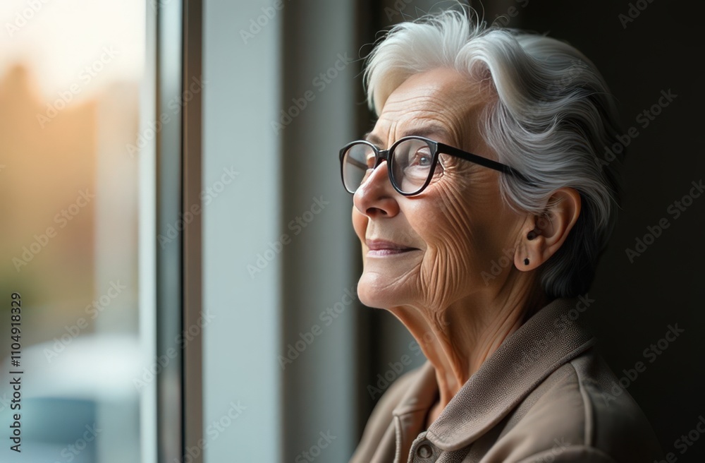 Senior woman looking out of a window at sunset. Thoughtful and peaceful indoor portrait highlighting wisdom and positivity Senior woman looking out of a window at sunset. Thoughtful and peaceful indoor portrait highlighting wisdom and positivity