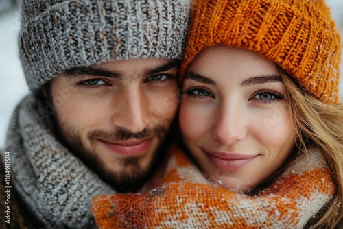 A couple wrapped in a cozy holiday scarf, sharing a warm moment , emphasizing seasonal love. photo