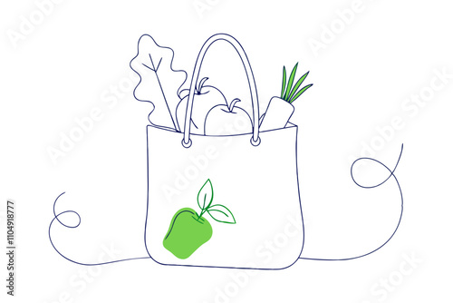 Line Drawing of Shopping Bag Filled with Fresh Vegetables - Vector Art Illustration