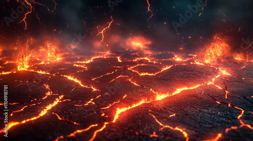 Lava crack with fire. Red volcano floor effect. Broken land and volcanic destruction on black background. Realistic thunderbolt energy line. Neon crash flame top view. Color land break design photo