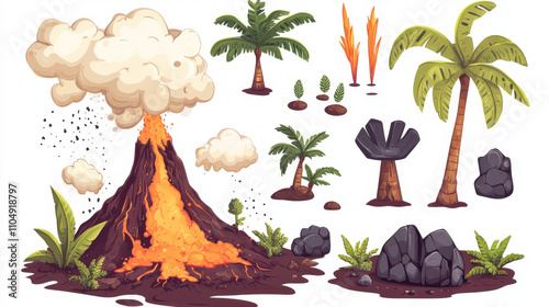 Volcanic eruption set with active volcano mountain with gases smoke cloud , rocks, palm trees and plants for prehistoric landscape creation. Cartoon vector kit of magma explosion and nature elements. photo