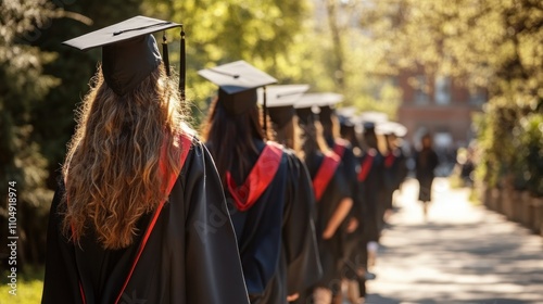 Graduates Walking in Caps and Gowns - Celebrating Achievement on Sunny Campus Day