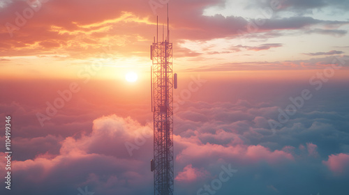 Sunrise over a telecommunications tower above the clouds showcasing vibrant colors and serene atmosphere