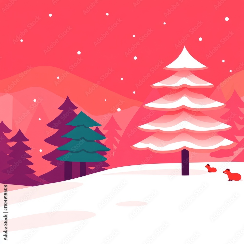 Stylized winter landscape with snow-covered trees and animals. Stylized winter landscape with snow-covered trees and animals.