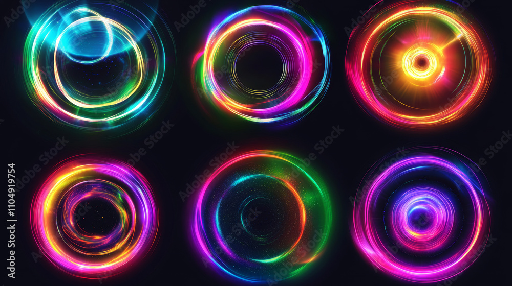 Set of round light flares isolated on black background. Vector realistic illustration of rainbow color circles with neon glow effect. Radial energy vortex, optical halo portal. Disco decor Set of round light flares isolated on black background. Vector realistic illustration of rainbow color circles with neon glow effect. Radial energy vortex, optical halo portal. Disco decor