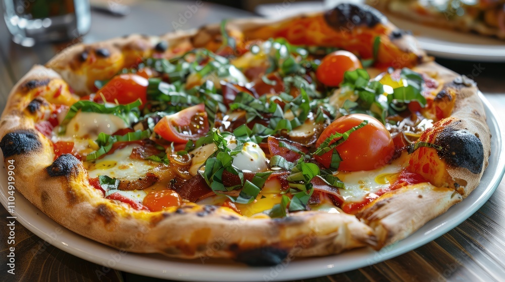 Pizza topped with diverse toppings and a hint of olive oil Pizza topped with diverse toppings and a hint of olive oil