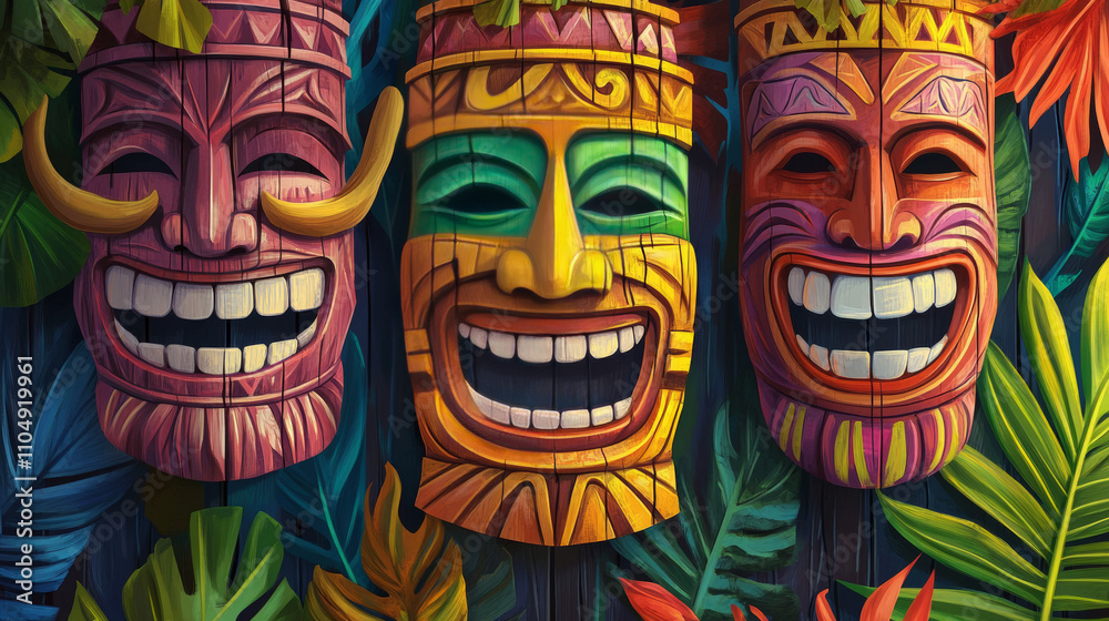 Traditional Hawaiian totem tiki mask collection. Cartoon vector illustration set of wooden tribal culture statue head with tropical leaves decorations. Face emotions with eyes, teeth and tongue. Traditional Hawaiian totem tiki mask collection. Cartoon vector illustration set of wooden tribal culture statue head with tropical leaves decorations. Face emotions with eyes, teeth and tongue.