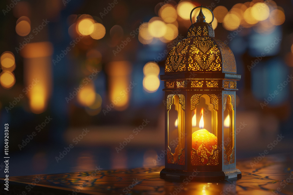 Arabic lantern with burning candle glowing Arabic lantern with burning candle glowing
