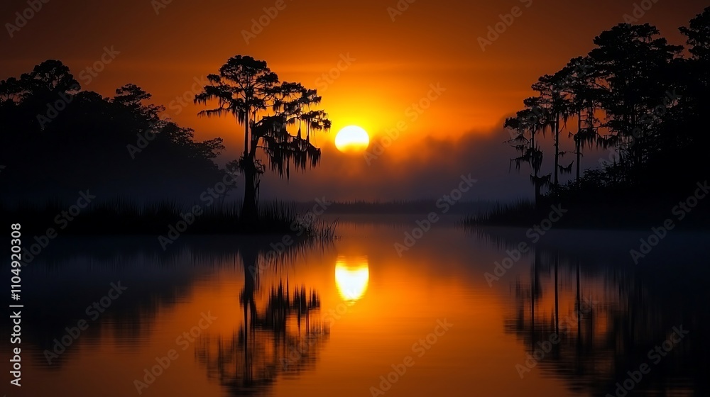Sunrise over a tranquil swamp landscape, with silhouettes of cypress trees reflecting in the still water. A golden sun rises above the misty horizon. Sunrise over a tranquil swamp landscape, with silhouettes of cypress trees reflecting in the still water. A golden sun rises above the misty horizon.