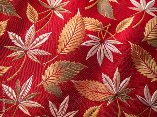 Japanese Fabric Design - Red Carmine Jade Leaf Print